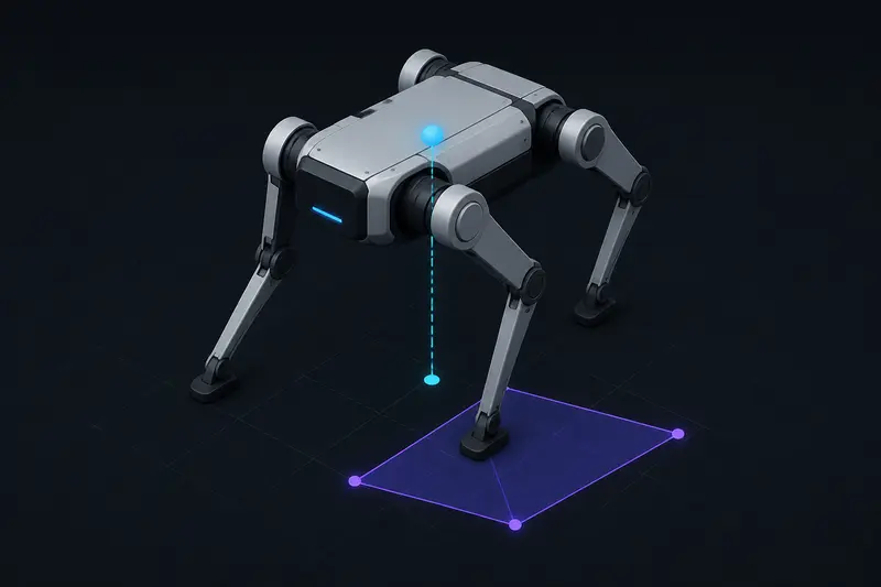Isometric technical illustration of a quadruped robot standing with a highlighted support polygon and a projected ground point beneath its center of mass